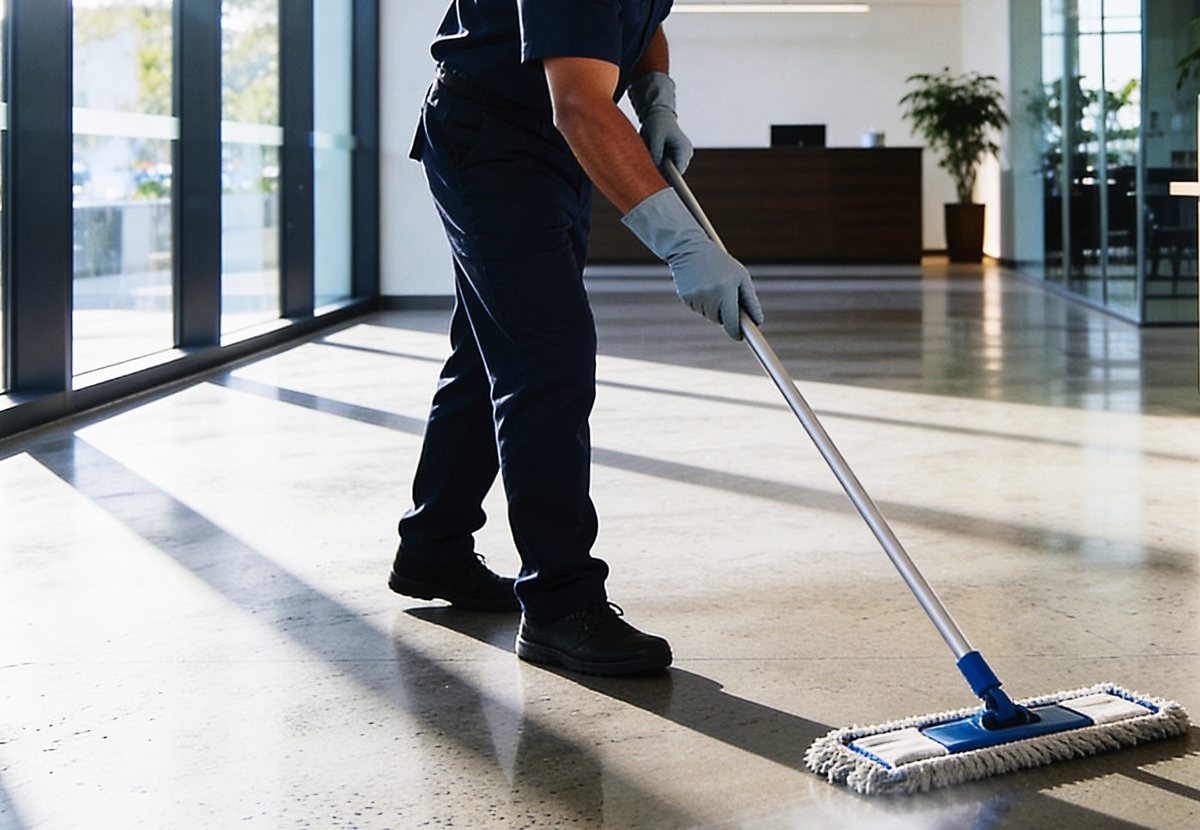 Mopping a modern office lobby