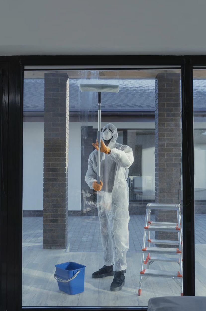 Cleaning glass doors with a squeegee